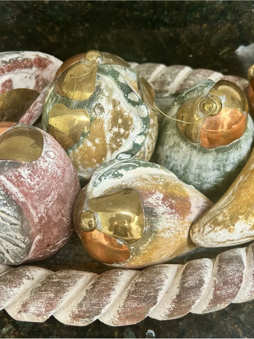 Vintage Handmade Terracotta Rope Bowl & Mixed Media Brass Fruit Set - 7 Pc